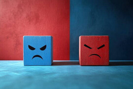 Two blocks with angry faces positioned on contrasting blue and red backgrounds in a creative display