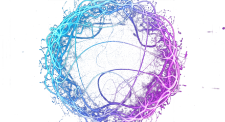 Neon futuristic d sphere of blue and purple glowing digital waves and particles. Future technology concept Artificial Intelligence engineering and science. Abstract energy orb.  clean png