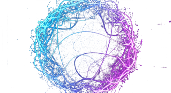 Neon futuristic d sphere of blue and purple glowing digital waves and particles. Future technology concept Artificial Intelligence engineering and science. Abstract energy orb.  clean png