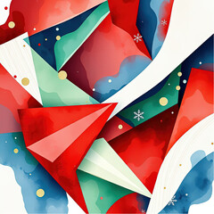 Elegant, contemporary, abstract Christmas wallpaper featuring geometric shapes in red, blue, green, and white with metallic accents and subtle snowflake pattern.eps