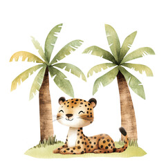 Watercolor cute tiger lying between two tropical palm trees, jungle and safari animal illustration, adorable wildlife art for nursery, decor, print