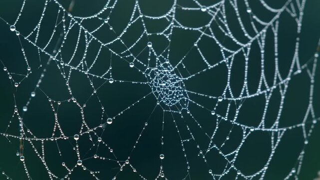 Dew-covered spider web close-up in nature, shows early morning formation. Good for design