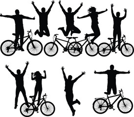 Cycling silhouette vector illustration, eight expressive figures with bicycles, jumping and standing poses, celebration and motion concept, outdoor activity design