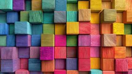Fototapeta premium Colorful wooden cubes stacked together create a vibrant and textured background