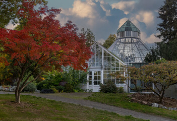 Arboretum nestled around a variety of trees and shrubs boasting fall colors in Tacoma's Wright Park.