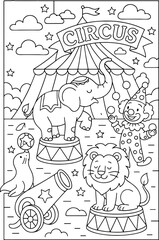 hand drawn vector doodle illustration of circus coloring page for kids line art