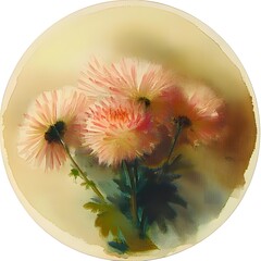 A delicate watercolor composition with pink chrysanthemums, made in a soft pastel palette, creates an atmosphere of calm, warmth and natural beauty.