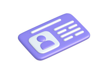 Id card isolated on white background. Driver license. Identity badge. Member identification. Personal document. 3d render