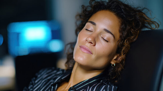 A close-up shot of a woman with her eyes closed, resting peacefully in a futuristic lounge setting, reflecting tranquility and modern aesthetics in a corporate space.