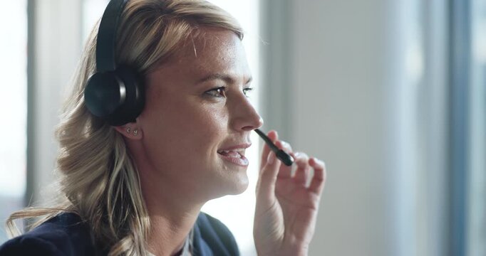 Consultant, woman and talking with headset in call center for telesales, lead generation and FAQ. Telemarketing agent, person and speaking to outbound client for product knowledge, upsell and space