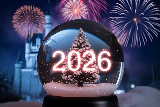 A Festive Snow Globe Displaying the Year 2026 with Fireworks and a Castle Backdrop. - Powered by Adobe
