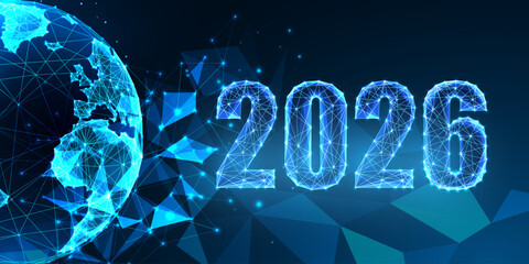 2026 New Year blue low poly numbers with wireframe Earth globe. Global future and tech trends © Inna