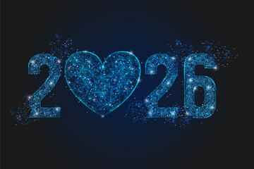 Abstract isolated blue image of new year number 2026. Polygonal low poly wireframe illustration looks like stars in the black night sky in space or flying glass shards. Digital web, internet design.