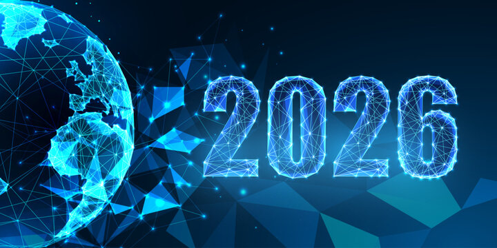 2026 New Year blue low poly numbers with wireframe Earth globe. Global future and tech trends