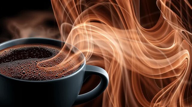 Hot coffee cup closeup with vapor flowing like creative light. Warm drink concept and abstract art. Digital animation footage.