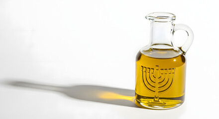 Glass cruet of golden olive oil with menorah engraving for Hanukkah  