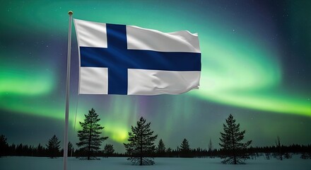 Finland flag waving in arctic sky with aurora borealis, celebrating Independence Day, winter landscape, congratulations banner, promotional greeting card backdrop.