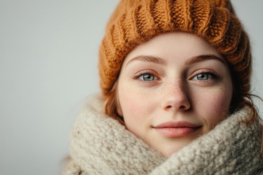Young woman smiling warmly in cozy winter attire indoors during a chilly day - Powered by Adobe