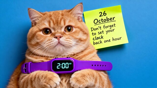 Poster Reminder for clock change to winter time in the UK with a chubby ginger cat holding a 2:00 clock display and a sticker showing October 26