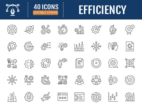 Efficiency icon set. Includes workflow,production, time, energy, optimize, performance,process, operation, resource icon. VectorIllustration with Editable Strokes