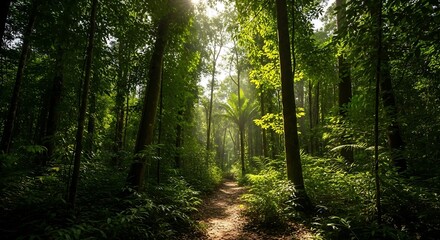 Fototapeta premium Lush Forest Path Serene Green Aesthetic Background