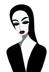 Minimalist woman portrait with green eyeshadow and red lips, abstract black and white modern PNG illustration, elegant contemporary art for fashion design, posters, and interior decoration