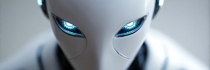 Detailed Close-Up of a Futuristic Humanoid Robot With Glowing Eyes, Showcasing Advanced Technology and Design in a Modern Setting