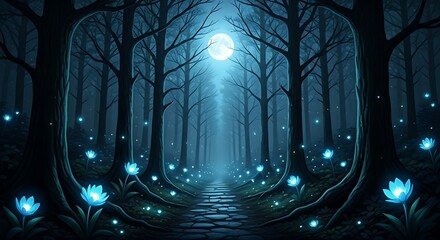 Enchanting Night Forest Path Illuminated by a Full Moon and Mystical Bioluminescent Flowers, Creating a Serene and Dreamlike Aesthetic Background for Digital Art and Atmospheric Designs
