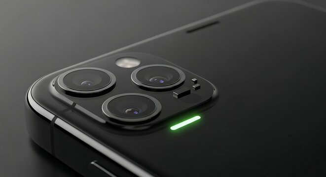 A close up view of a black smartphone with three cameras and a green light indicator on the back