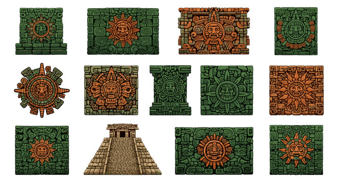 Collection of ancient aztec stone carvings and a pyramid model