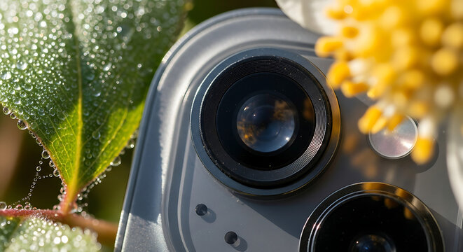 Close up of iphone camera lens with flower and dew covered leaf in natural light setting outdoors