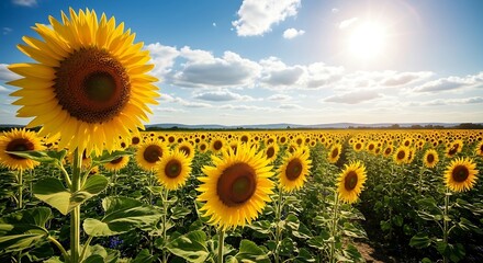 A panoramic view of a vibrant sunflower field under a bright sun and blue sky, a perfect summer day nature scene creating a beautiful Aesthetic Background