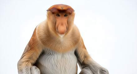 Naklejka premium Male proboscis monkey with a long nose sits calmly on a clean white background with soft lighting and sharp fur details.
