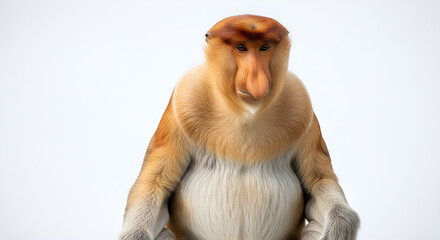 Naklejka premium Male proboscis monkey with a long nose sits calmly on a clean white background with soft lighting and sharp fur details.