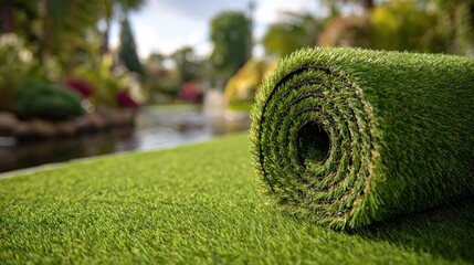 A roll of artificial grass in a garden with a pond in the background