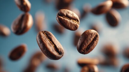 Close up of coffee bean falling in the air with a blue background