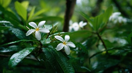 Close up of white flower with green leaf in the garden after the rain