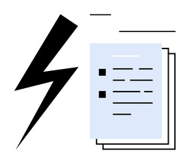 Lightning bolt next to a stack of documents with individual checklist items. Ideal for productivity, task prioritization, energy, focus, digital tools, organization, modern workflows. Flat minimal