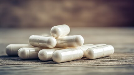 Pile of white capsules on a wooden surface for health and wellness
