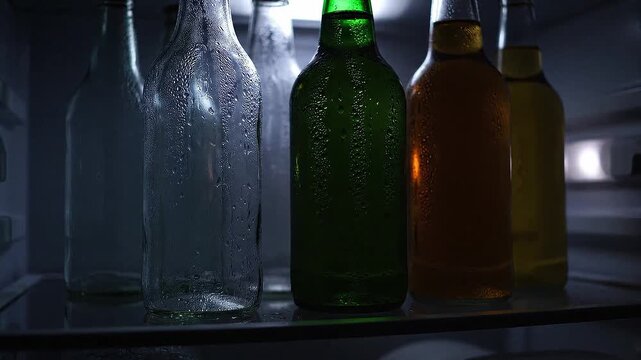 暗いキッチンに浮かぶガラス瓶と冷蔵庫の微かな光