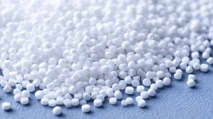Close up of white plastic polymer granules for production, industrial use