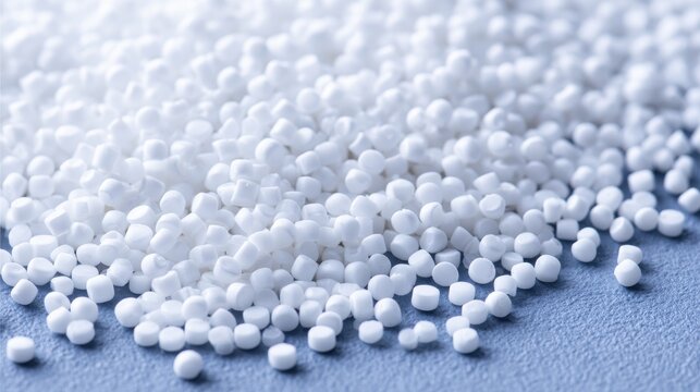 Close up of white plastic polymer granules for production, industrial use