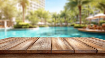 Wooden table top with blurred pool and resort in the background, summer time