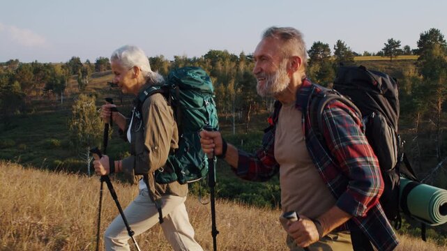 Positive elderly friends tourists go uphill in autumn valley