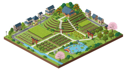 Obraz premium Isometric depiction of a Japanese rural landscape with rice fields and homes