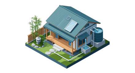 Isometric Eco-Friendly House with Rainwater Harvesting System and Japanese Garden