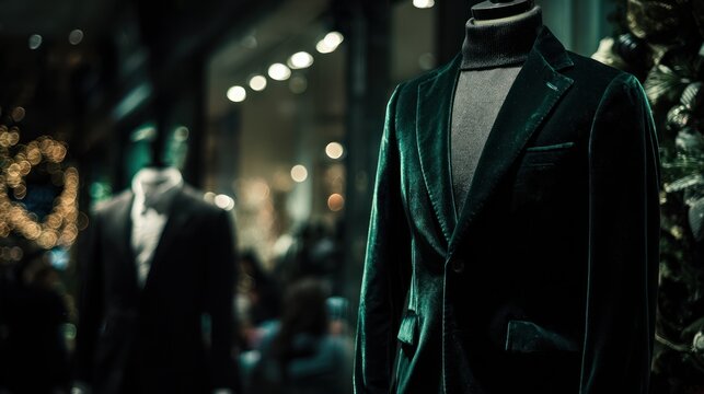 Elegant tailored suit on mannequin with blurred background storefront