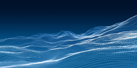 Abstract digital grid landscape with soft white particle waves on dark blue gradient background
