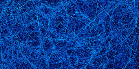 Electric blue tangled web of fine lines creating dense abstract tech mesh over dark background
