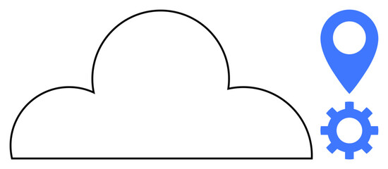 Cloud outline with blue settings gear and location pin representing connectivity, cloud services, data optimization, geolocation, networking, technology integration, scalability. Ideal for IT